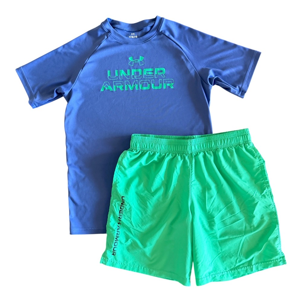 Under Armour Boys Blue Green Athletic Shirt Shorts Set - Youth Large